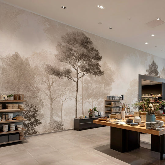 Forêt des Silences – Papier Peint Arbres Enveloppés de Brume Douce en Sépia