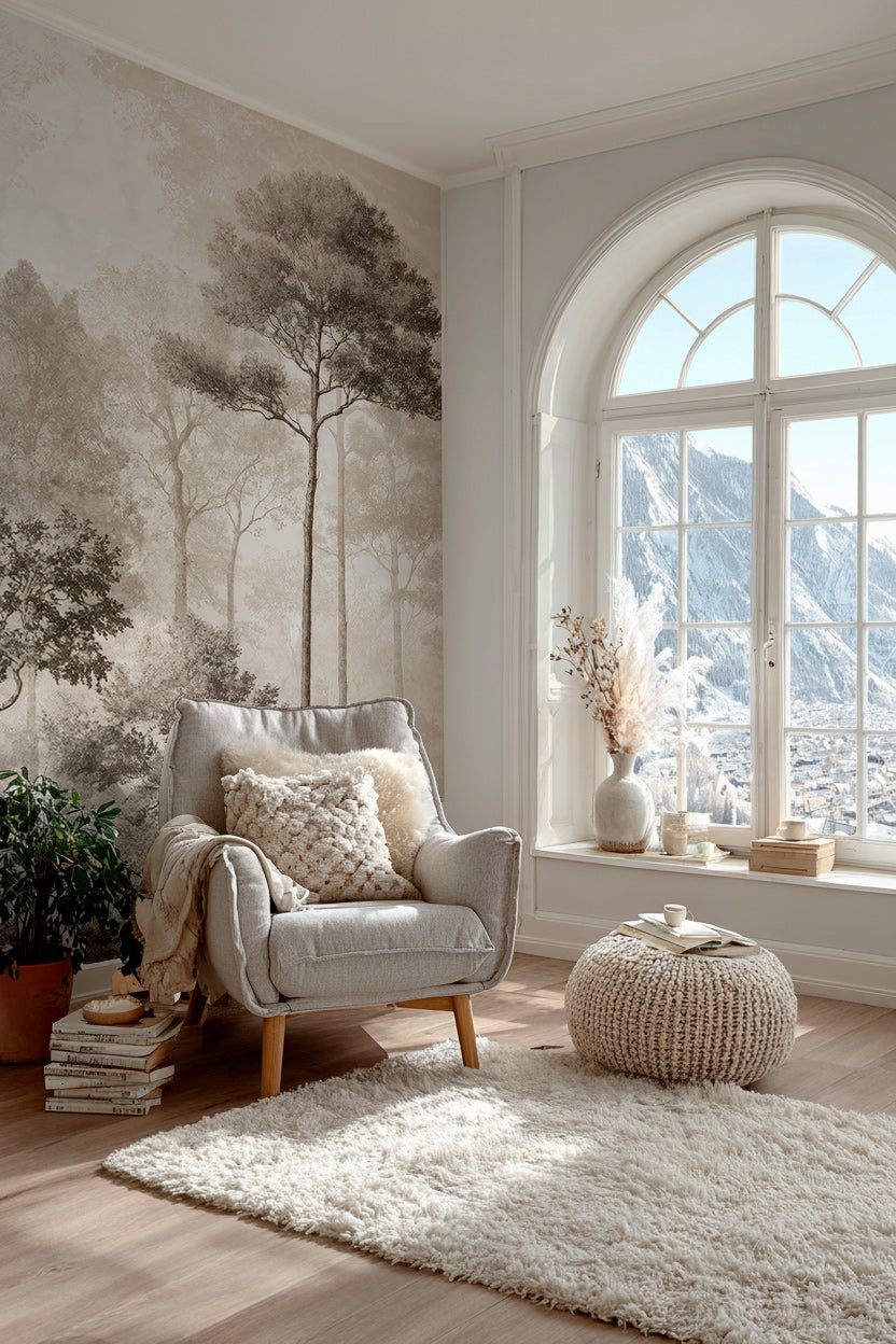 Forêt des Silences – Papier Peint Arbres Enveloppés de Brume Douce en Sépia