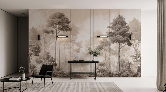 Forêt des Silences – Papier Peint Arbres Enveloppés de Brume Douce en Sépia