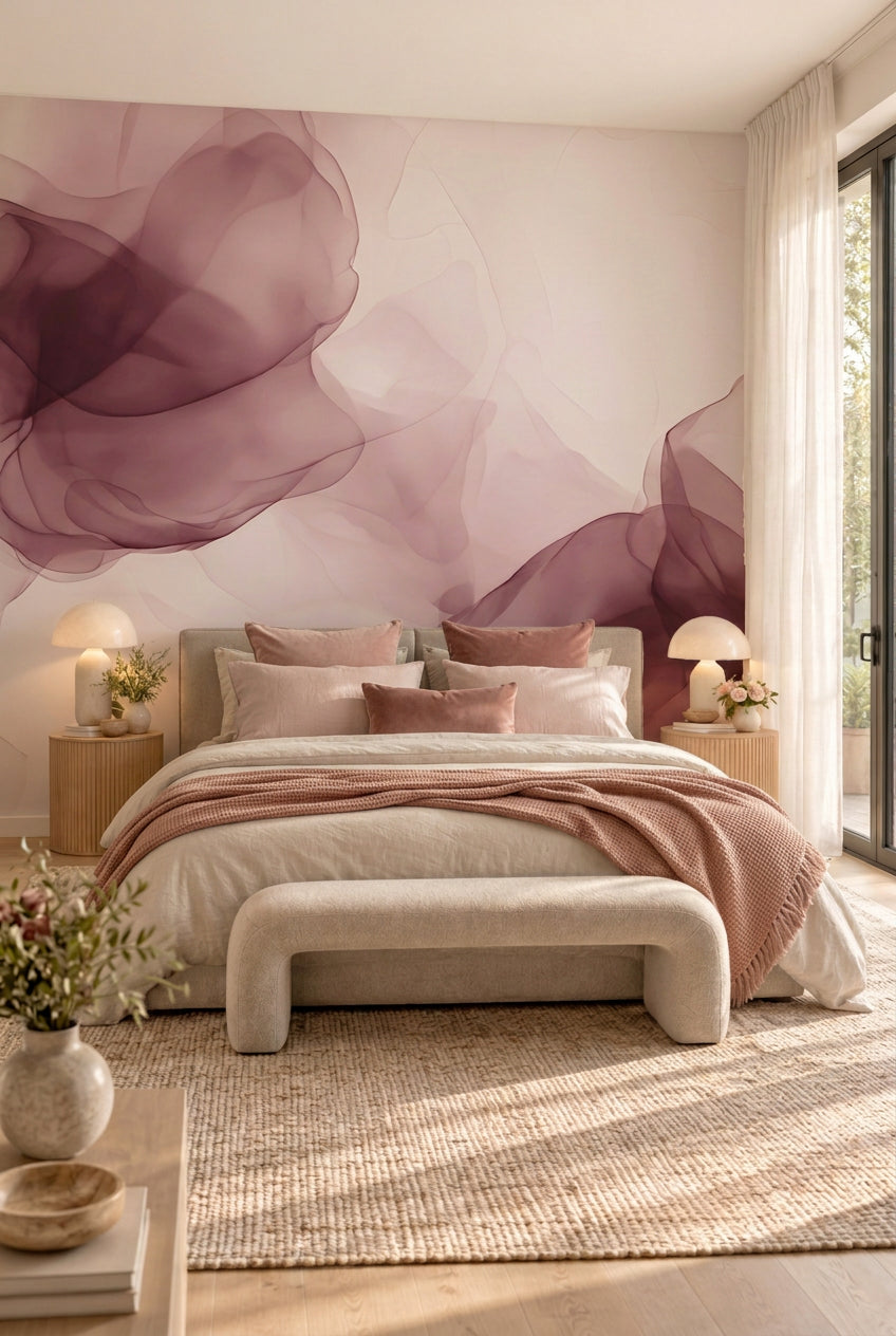 Papier peint abstrait vieux rose en tête de lit dans une chambre douce