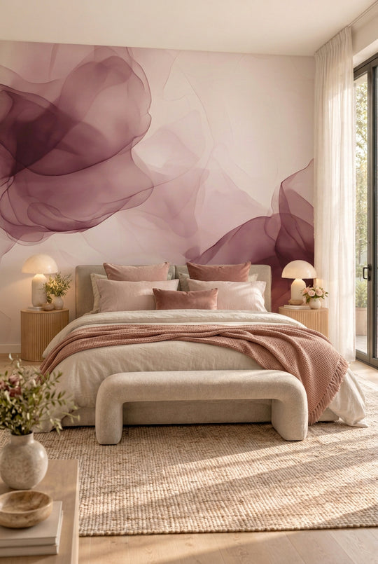 Papier peint abstrait vieux rose en tête de lit dans une chambre douce