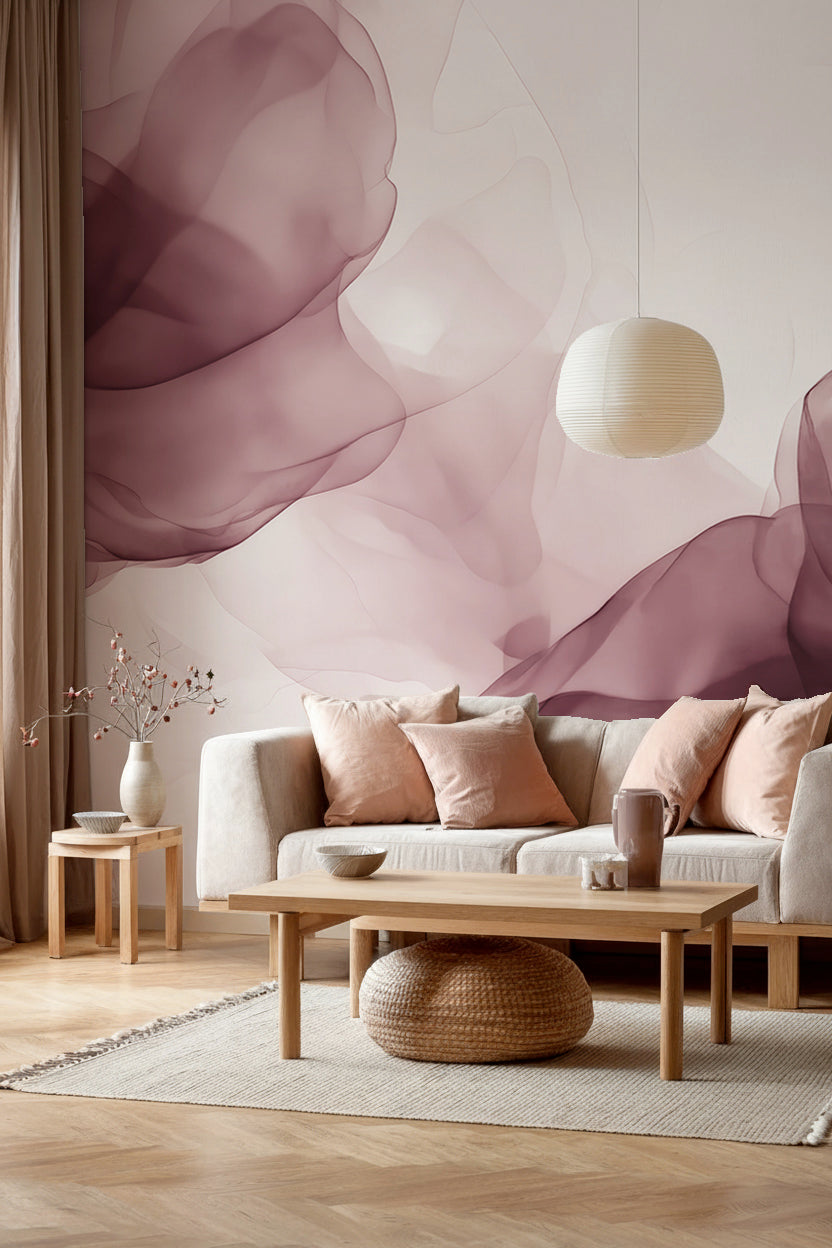Papier peint panoramique abstrait aux voiles vieux rose dans un salon aux coussins rose poudré
