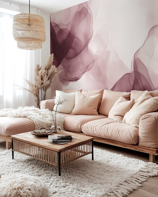Fusion de Transparence en vieux rose dans un salon cosy au canapé rose