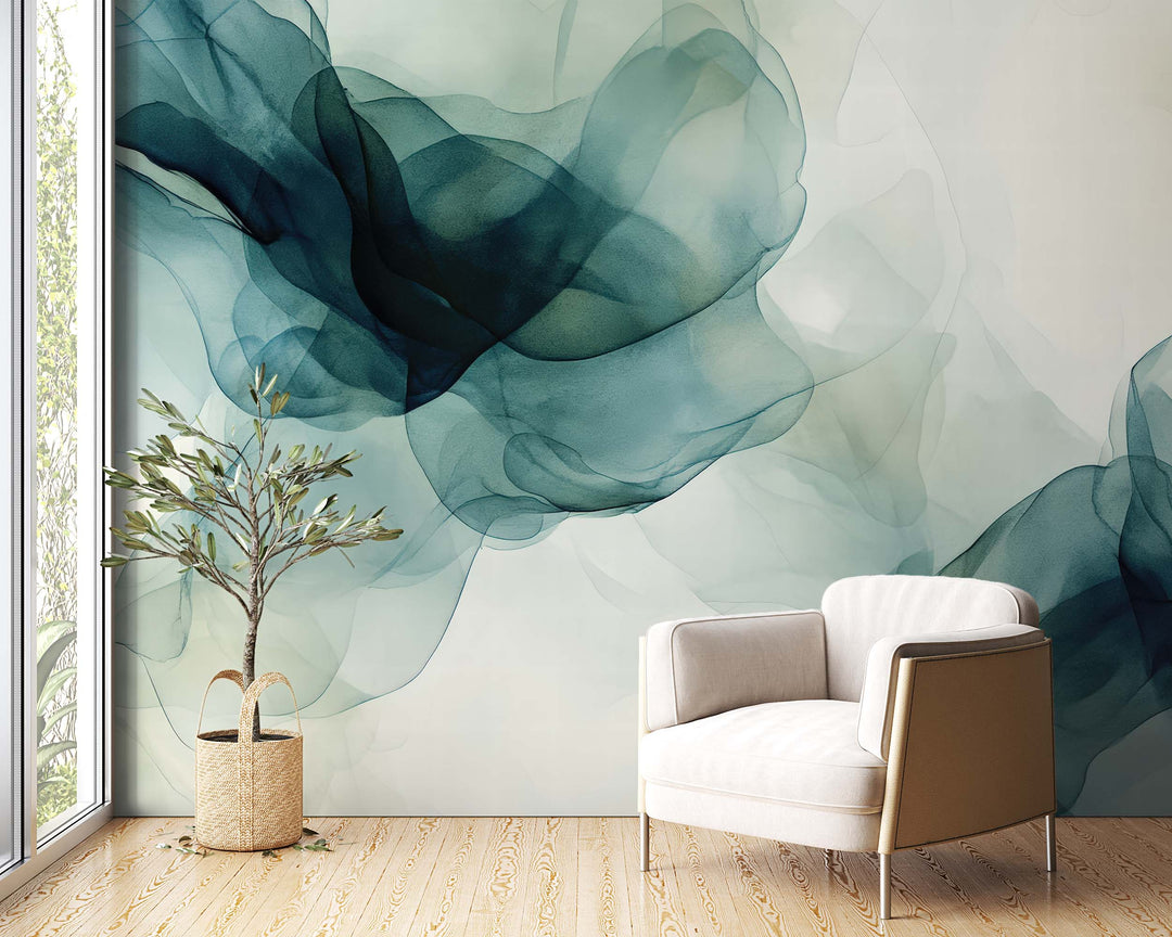 Fusion de Transparence en Émeraude : Papier Peint Panoramique Aquarelle Abstraite