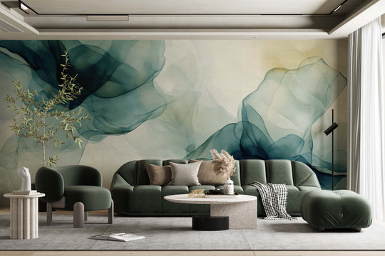 Fusion de Transparence en Émeraude : Papier Peint Panoramique Aquarelle Abstraite