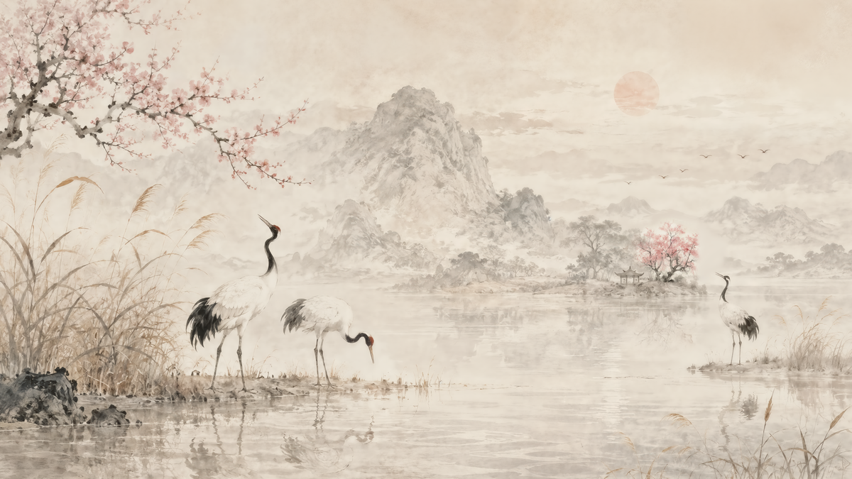 Grues au lac brumeux - papier peint panoramique, motif à plat