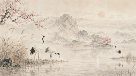 Grues au lac brumeux - papier peint panoramique, motif à plat