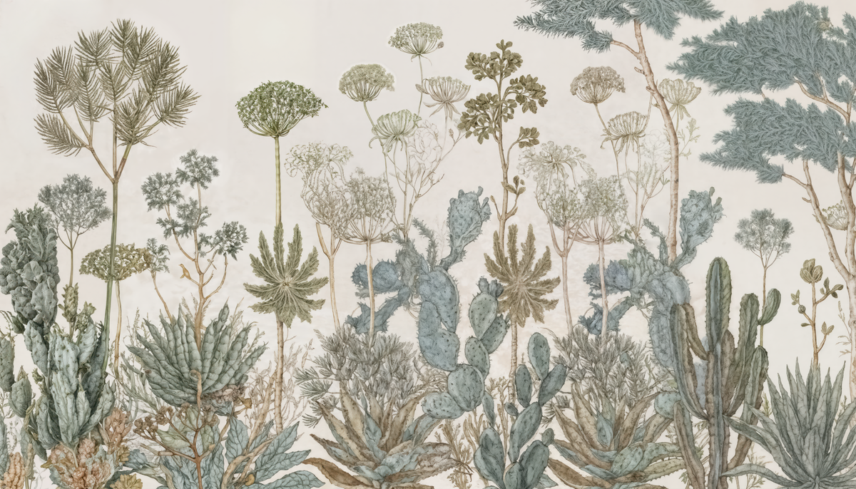 Herbarium Cactus - papier peint panoramique, motif à plat