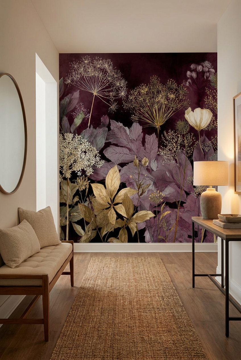Papier peint panoramique herbier floral prune, beige et ocre avec fleurs et feuillages délicats