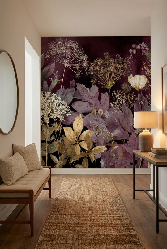 Papier peint panoramique herbier floral prune, beige et ocre avec fleurs et feuillages délicats