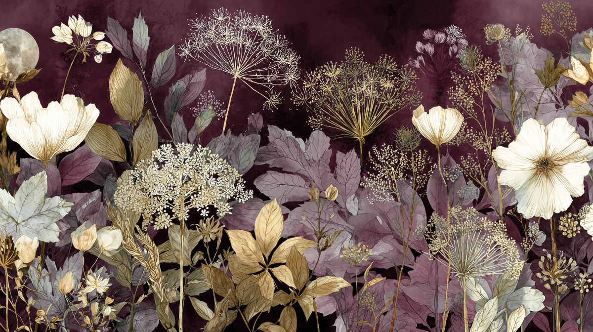 Herbier de Minuit en prune - papier peint panoramique, motif à plat