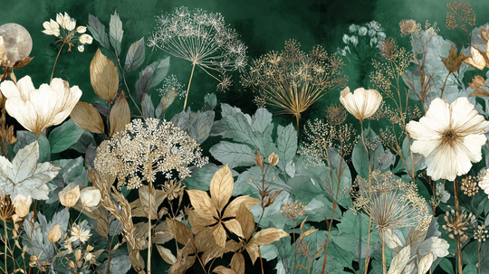 Herbier de Minuit en vert forêt - papier peint panoramique, motif à plat