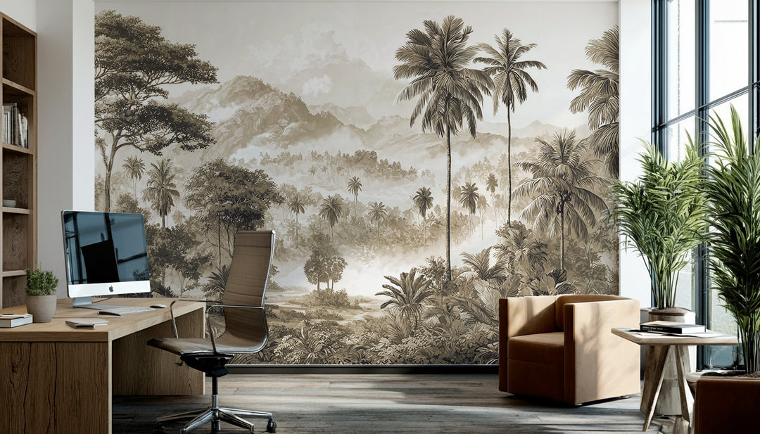 Bureau lumineux habillé d'un papier peint panoramique jungle tropicale sépia