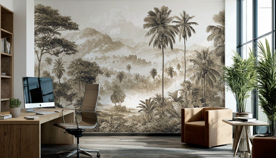 Bureau lumineux habillé d'un papier peint panoramique jungle tropicale sépia