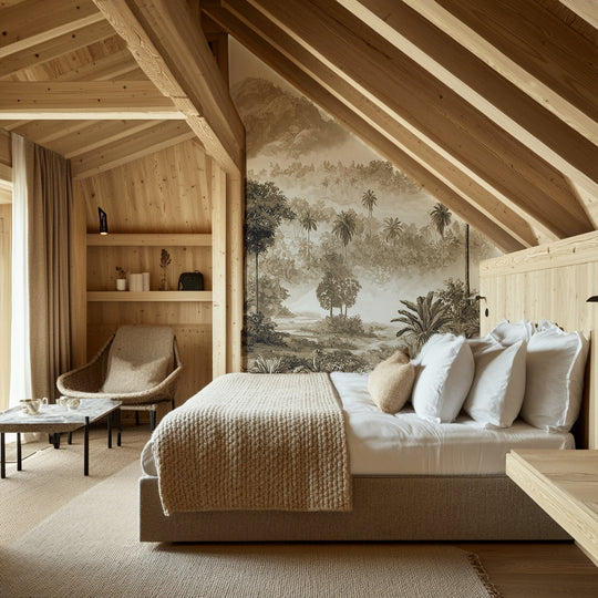 Chambre sous charpente en bois avec papier peint jungle et palmiers en tons sépia