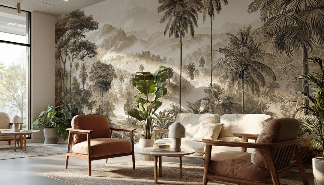 Hall d'hôtel aux fauteuils cognac devant un papier peint panoramique jungle sépia