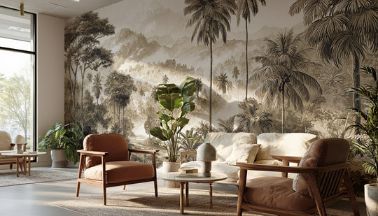 Hall d'hôtel aux fauteuils cognac devant un papier peint panoramique jungle sépia