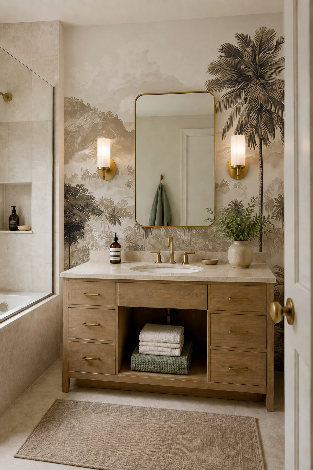 Salle de bain avec meuble vasque en bois et papier peint jungle sépia