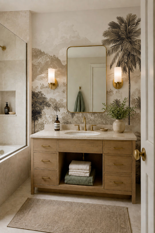 Salle de bain avec meuble vasque en bois et papier peint jungle sépia