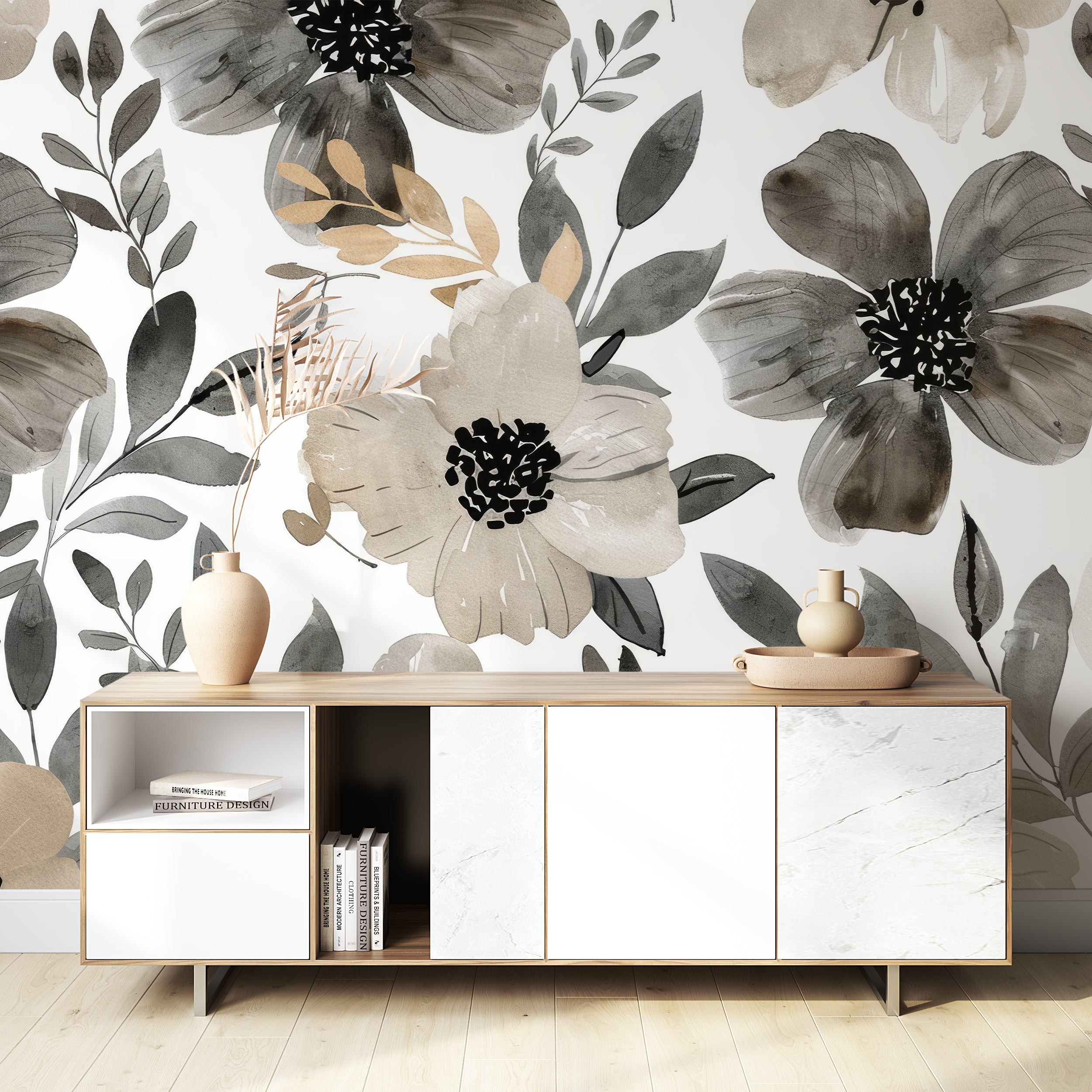 Floral Infusion: Shades of Gray and Beige on the Walls