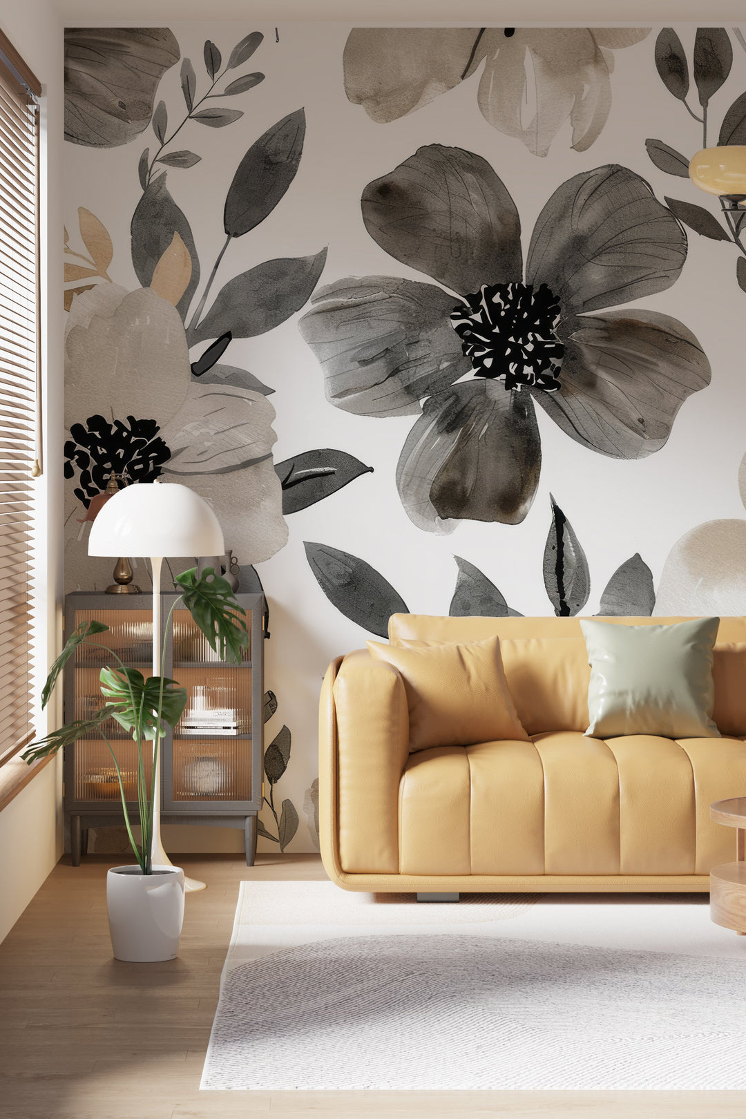 Panorama-Blumentapete in Aquarell Beige und Grau – Illulart – Illulart: Papier peint panoramique