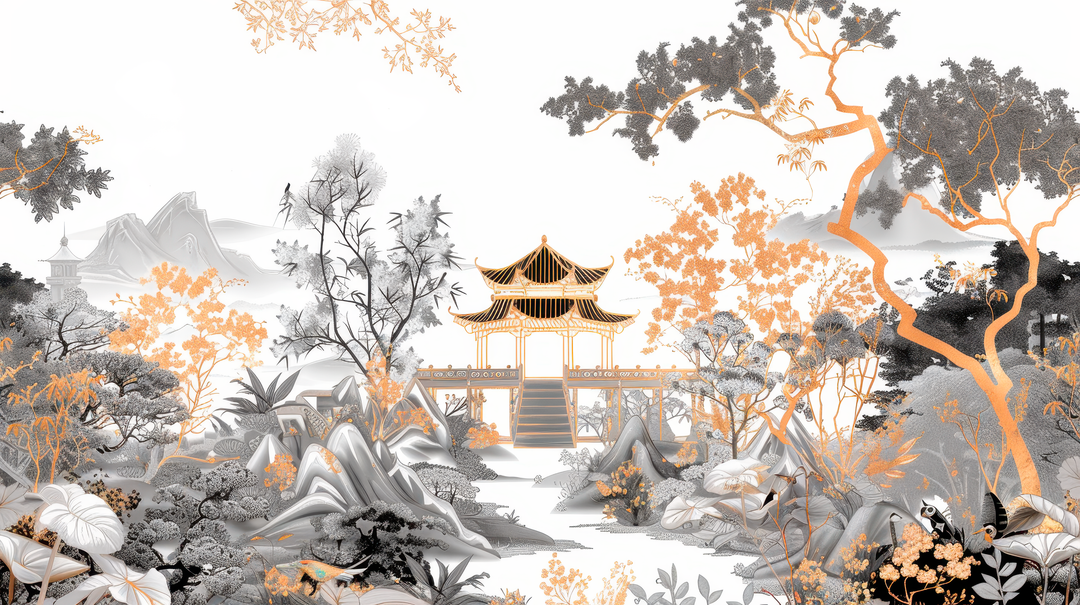 Jardin de Pagode - papier peint panoramique, motif à plat