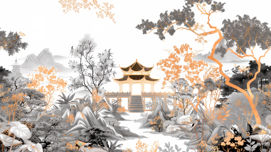 Jardin de Pagode - papier peint panoramique, motif à plat
