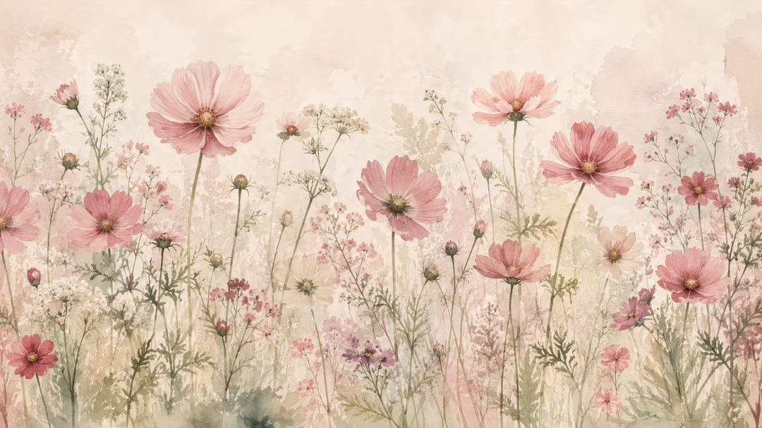 Jardin de cosmos - papier peint panoramique, motif à plat
