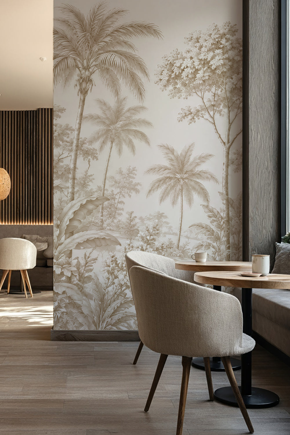 Papier peint panoramique tropical beige avec palmiers et végétation luxuriante sur fond ivoire