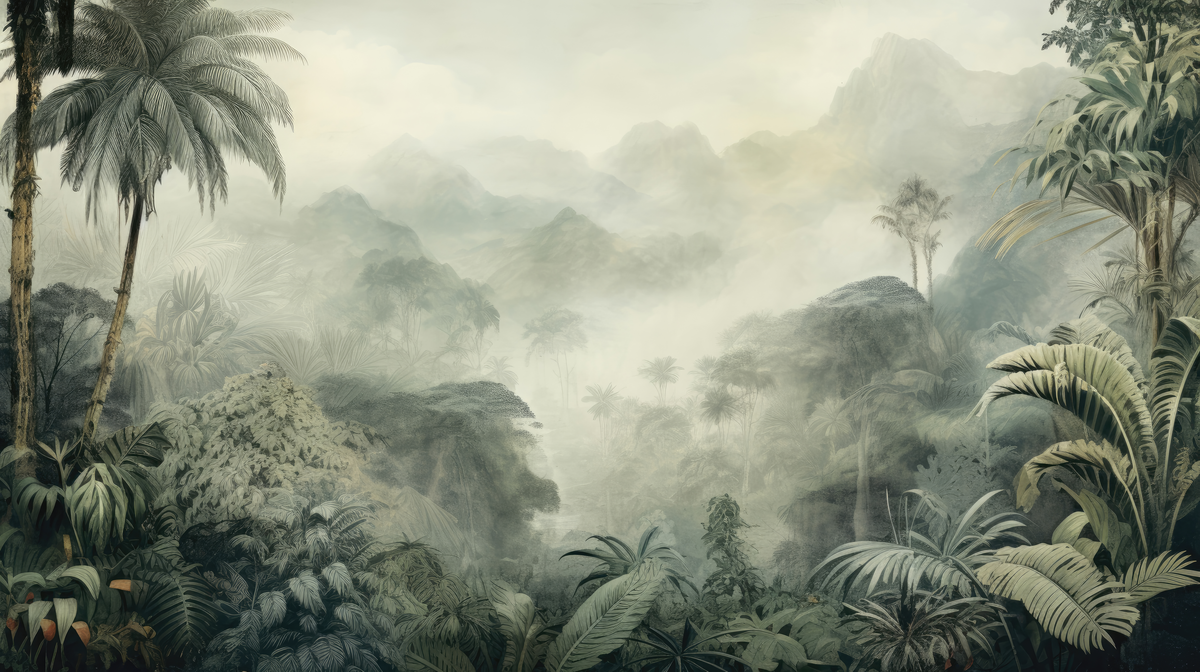 Jungle tropicale brumeuse - papier peint panoramique, motif à plat