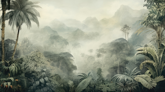 Jungle tropicale brumeuse - papier peint panoramique, motif à plat