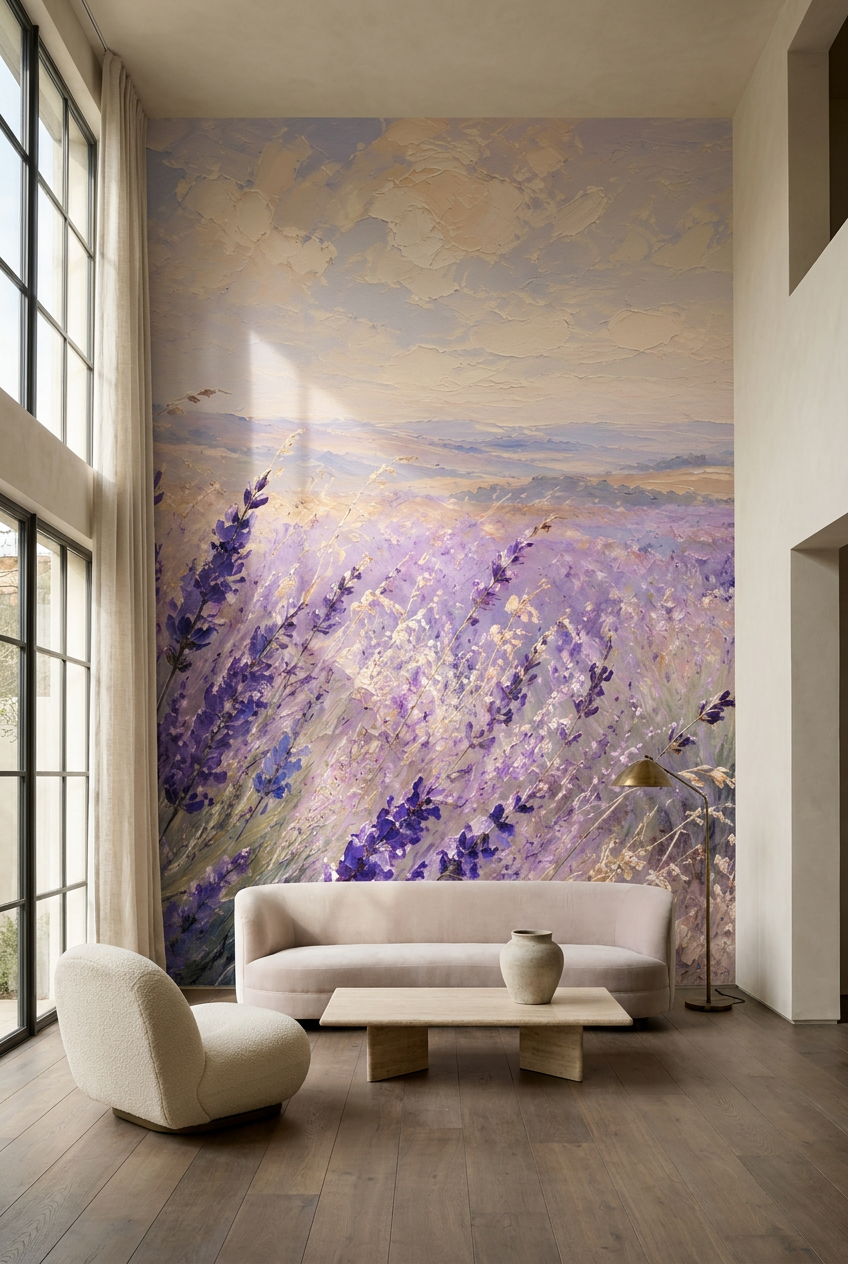 Papier peint panoramique d’un champ de lavandes pastel sous un ciel lumineux