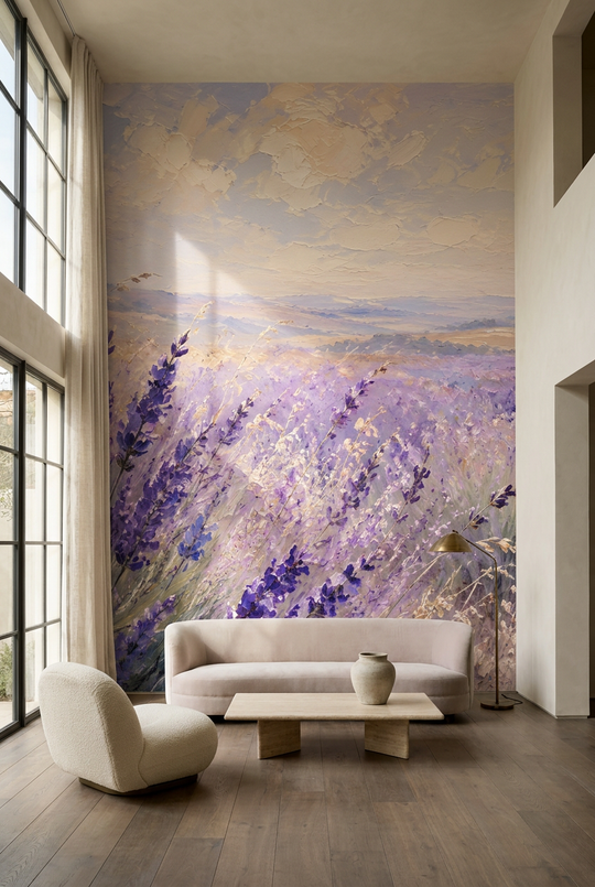 Papier peint panoramique d’un champ de lavandes pastel sous un ciel lumineux