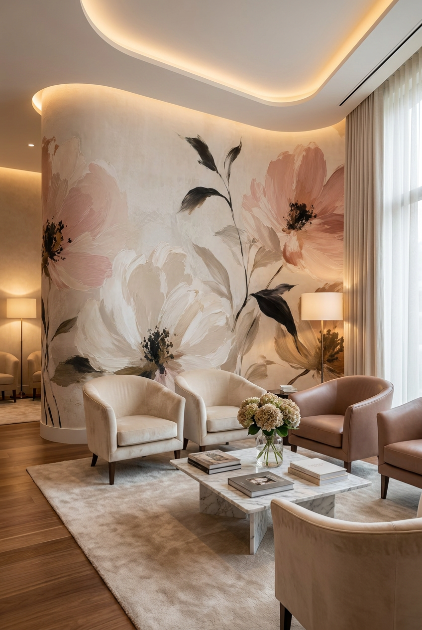 Papier peint panoramique floral beige et rose poudré avec grandes fleurs peintes sur fond clair