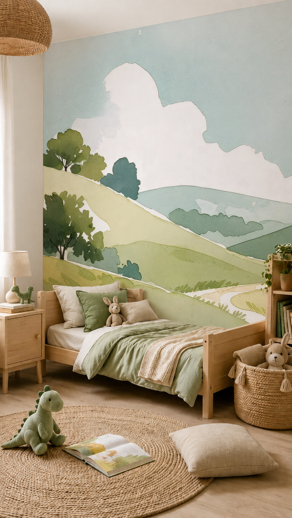 Papier peint panoramique aquarelle représentant des collines vertes, des arbres et un sentier dans une ambiance douce et apaisante