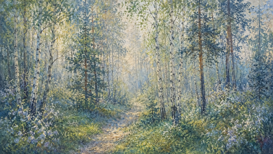Le sentier des bouleaux - papier peint panoramique, motif à plat