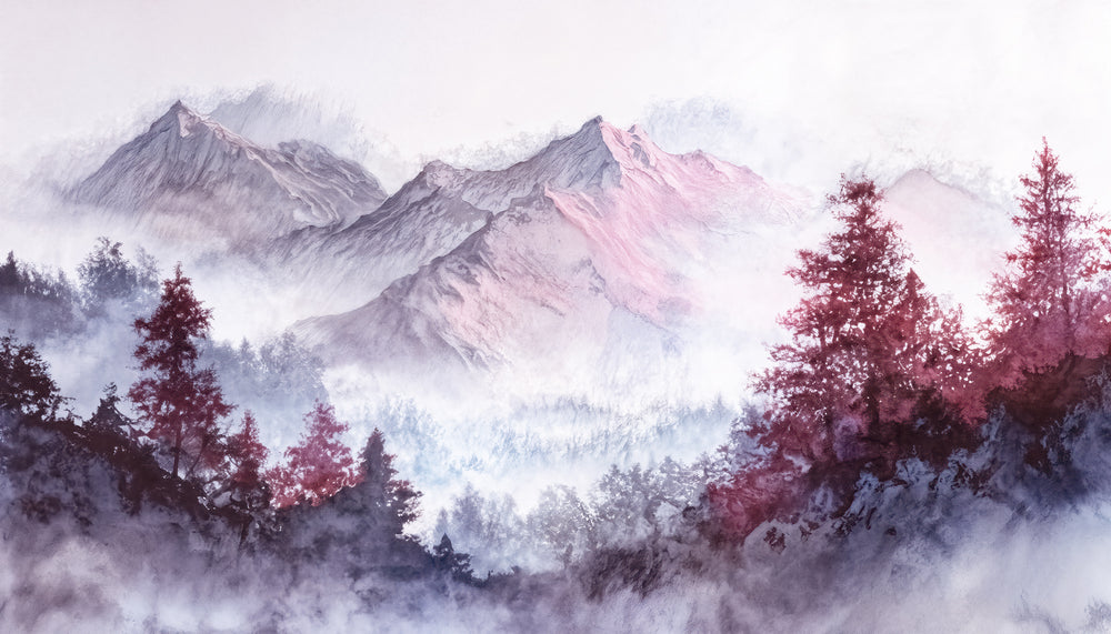 Les montagnes pourpres – Papier peint panoramique brumeux et poétique
