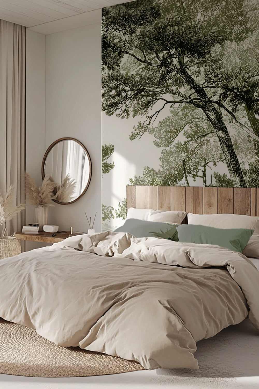 Les pins du lac - Papier peint panoramique forêt en nuances de vert