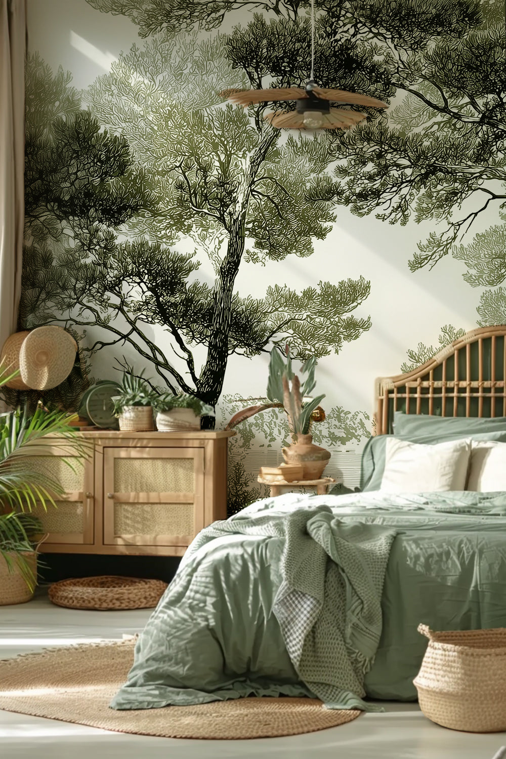 Les pins du lac - Papier peint panoramique forêt en nuances de vert