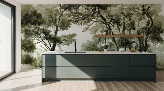 Les pins du lac - Papier peint panoramique forêt en nuances de vert