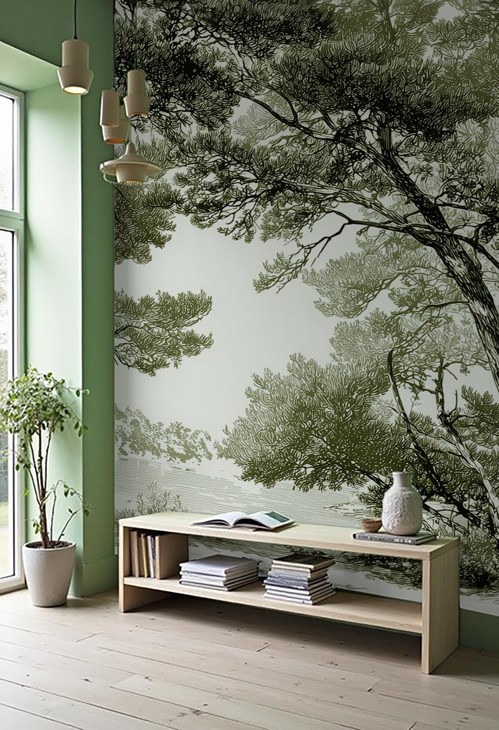 Les pins du lac - Papier peint panoramique forêt en nuances de vert