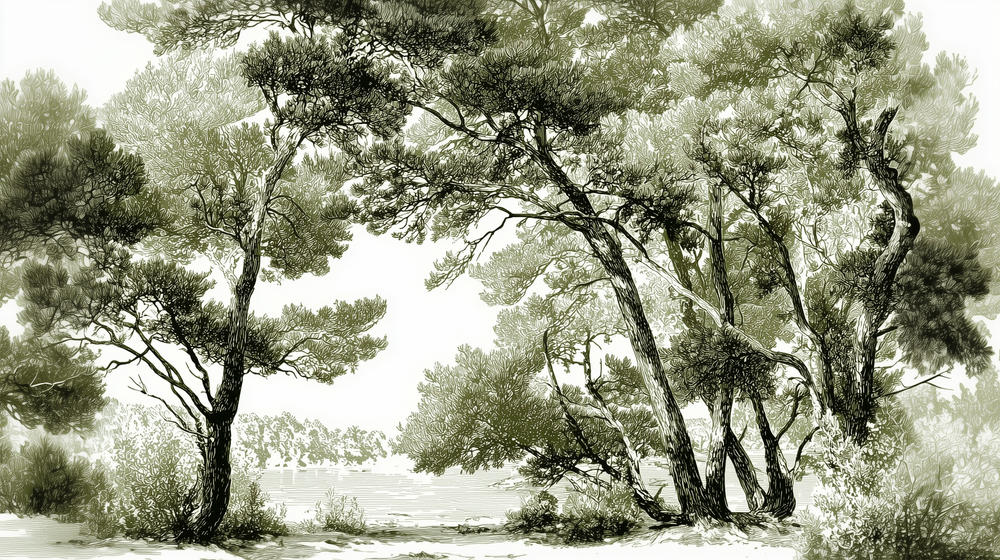 Les pins du lac - Papier peint panoramique forêt en nuances de vert