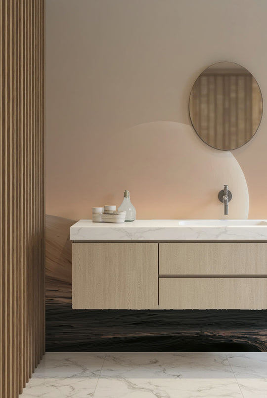 Salle de bain épurée avec meuble vasque et papier peint lune des sables