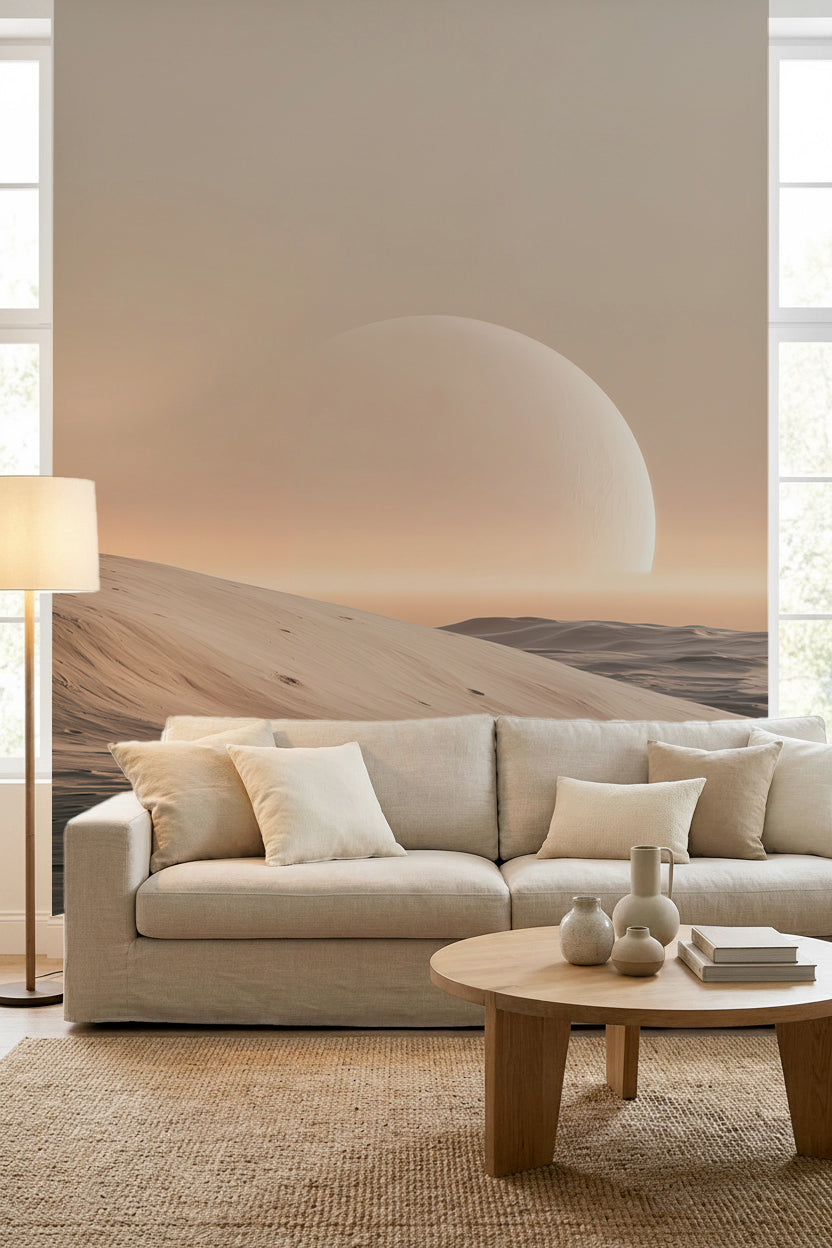 Salon beige au canapé en lin avec papier peint panoramique désert et lune