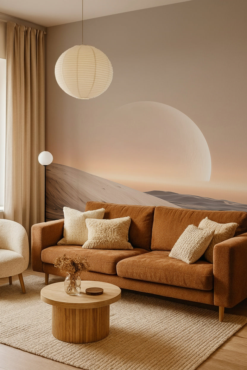 Salon au canapé cognac devant un papier peint panoramique de lune et dunes de sable au crépuscule