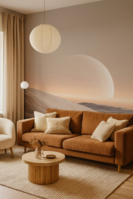 Salon au canapé cognac devant un papier peint panoramique de lune et dunes de sable au crépuscule