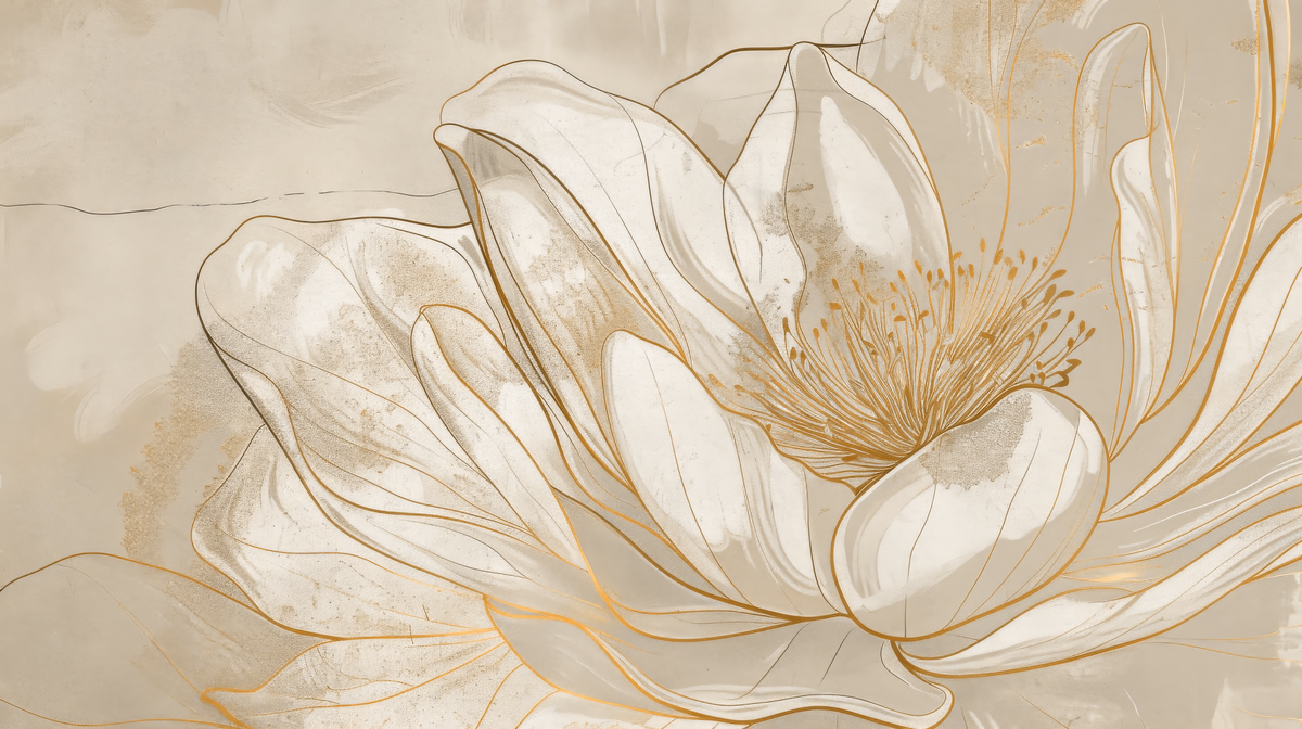 Magnolia doré - Volutes florales en or - papier peint panoramique, motif à plat