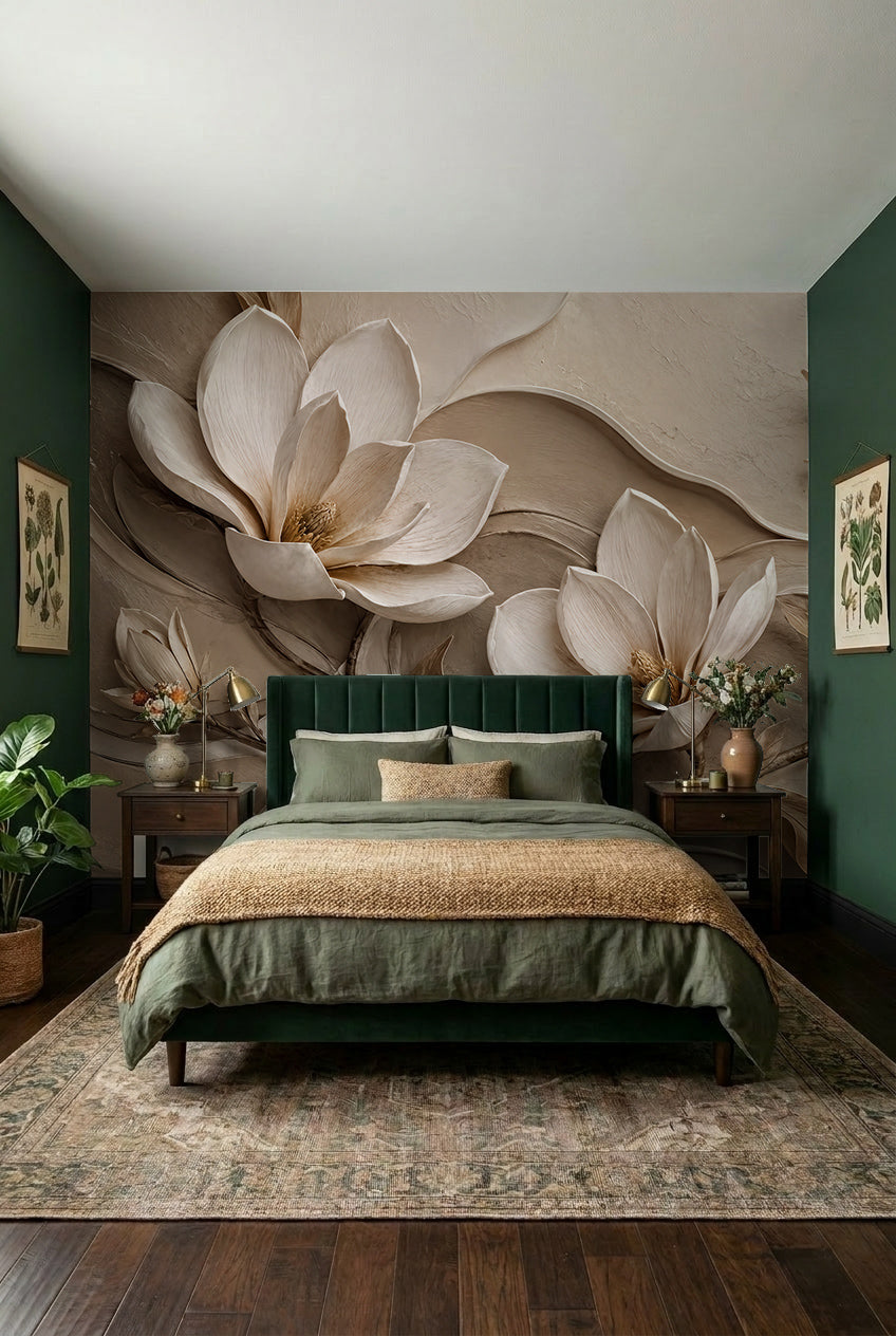 Papier peint panoramique magnolia en relief beige et crème avec grandes fleurs florales sculpturales