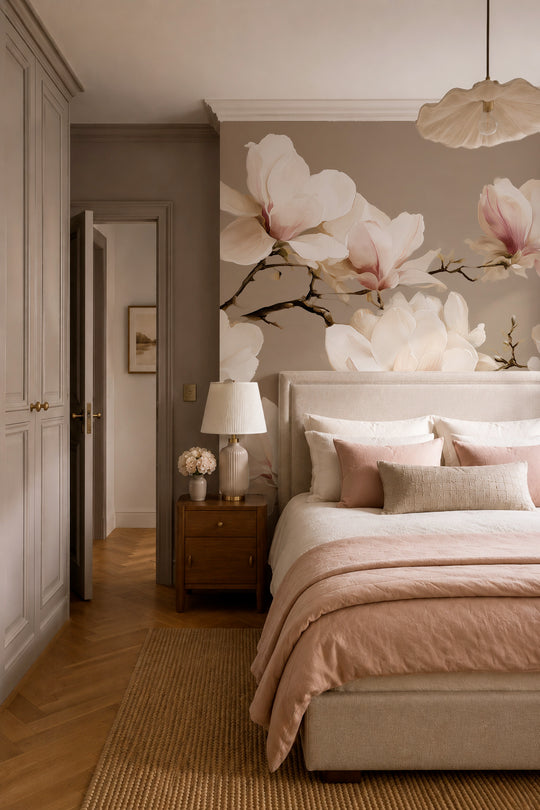 Chambre au linge rose poudré et tête de lit capitonnée devant un papier peint magnolias grège