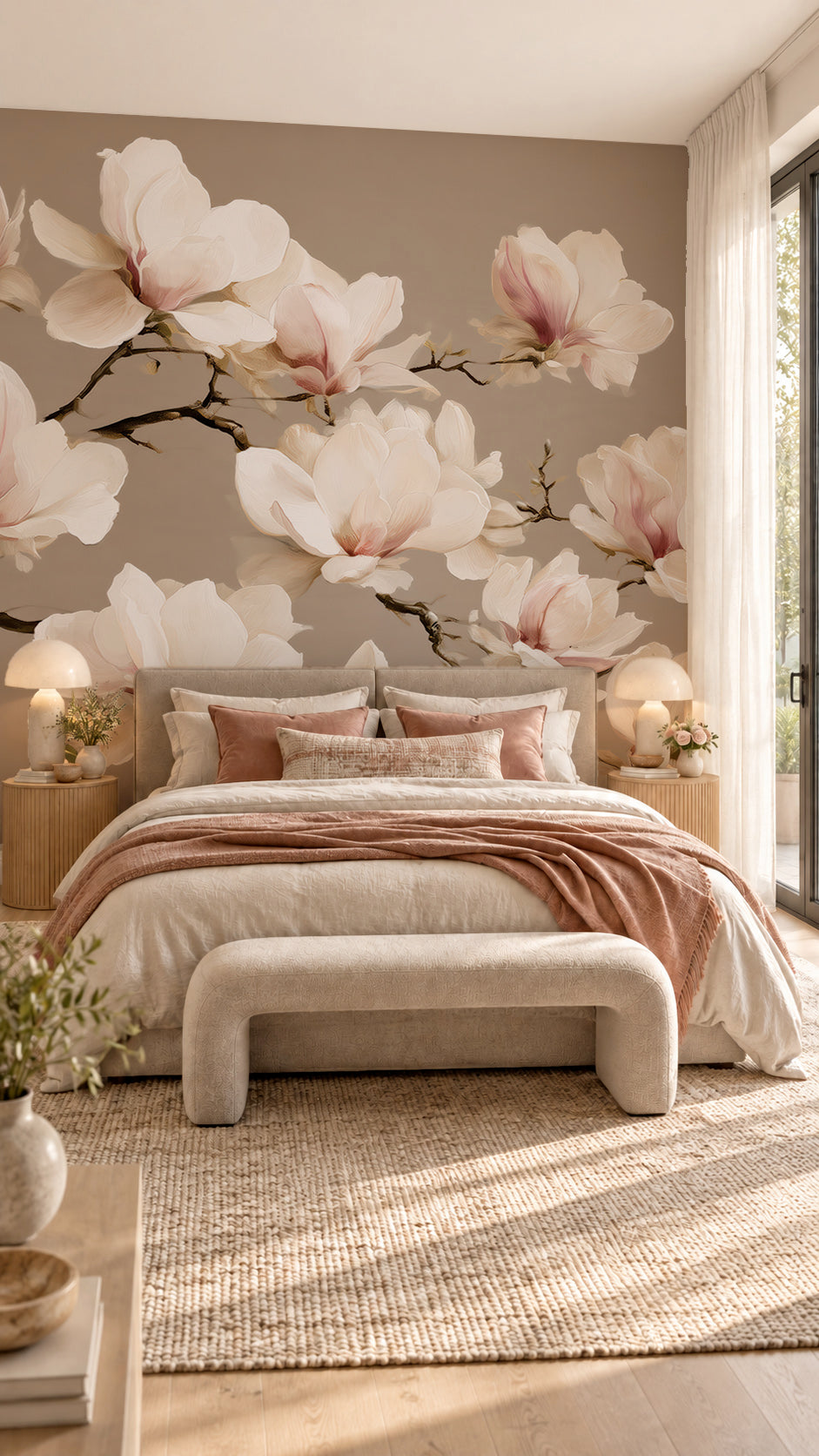 Chambre lumineuse aux tons rose et lin avec papier peint magnolias blancs sur fond taupe